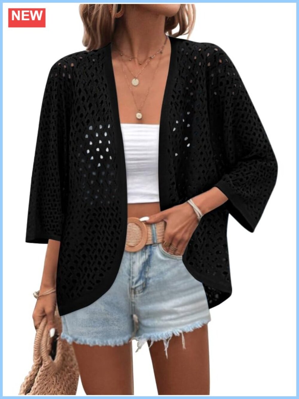 Women's Summer Crochet Cardigan 3/4 Sleeve Batwing Kimono Sweater Lightweight